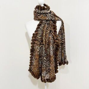 Dena Animal Print Cashmere w/ Dyed Rex Rabbit Fur Trim Wrap Scarf 70" L x 26" W